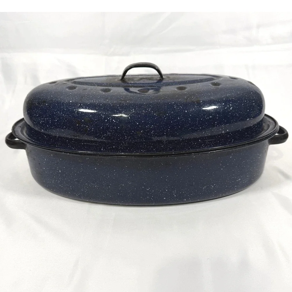 Vintage Enamelware Roaster Pan Large Blue White Speckled Oval Lidded Pot 15 Inch